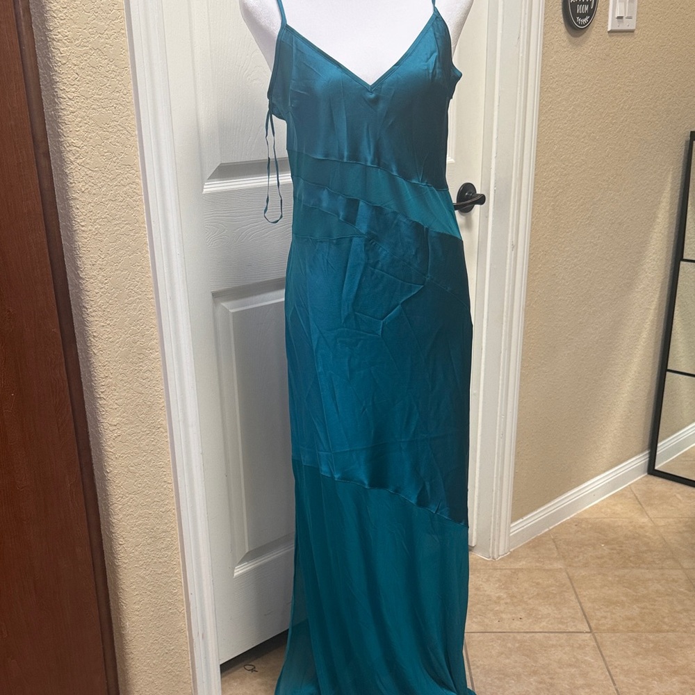 French Connection Satin With Shear Details Teal Maxi Dress